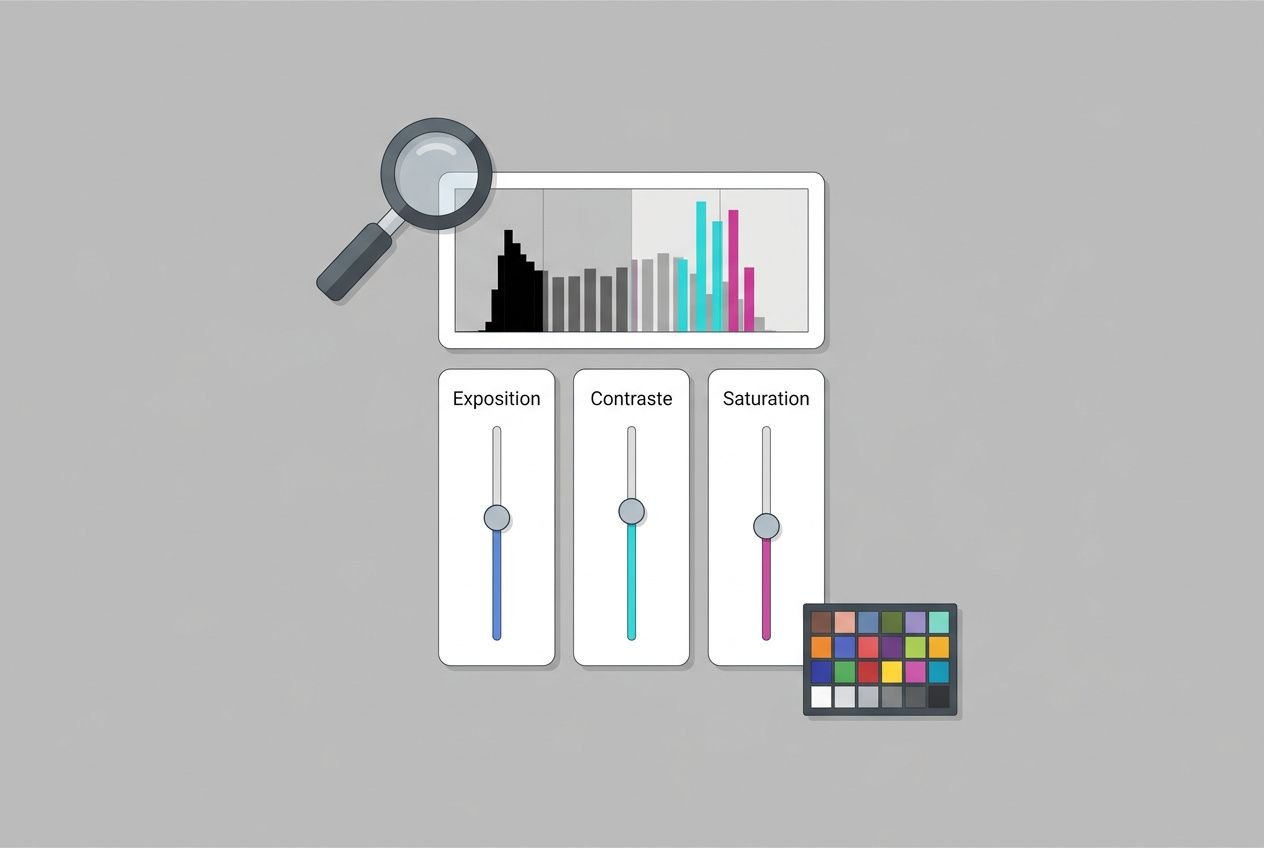 Interface d’outils d’édition d’image avec loupe, histogramme et curseurs Exposition, Contraste, Saturation, et miniature palette de couleurs : pour améliorer la qualité d'une photo pour impression.