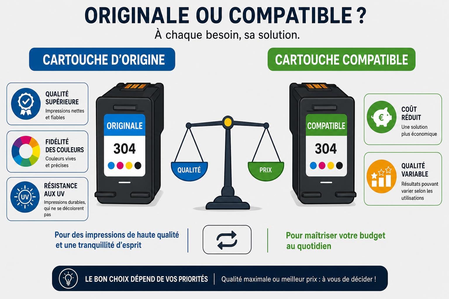 Originale ou compatible ? Cartouche d’encre en équilibre, avec icônes qualité et prix, pour acheter des cartouches d'encre authentiques et compatibles.