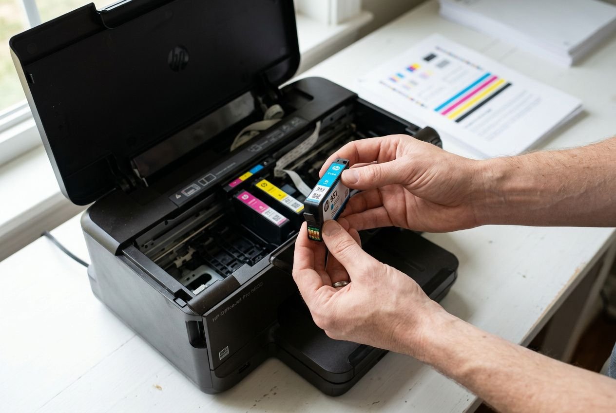 Personne insérant une cartouche d’encre dans une imprimante à tête ouverte, prêt à remplacer l’encre. Environnement de bureau. encre mettre dans son imprimante.