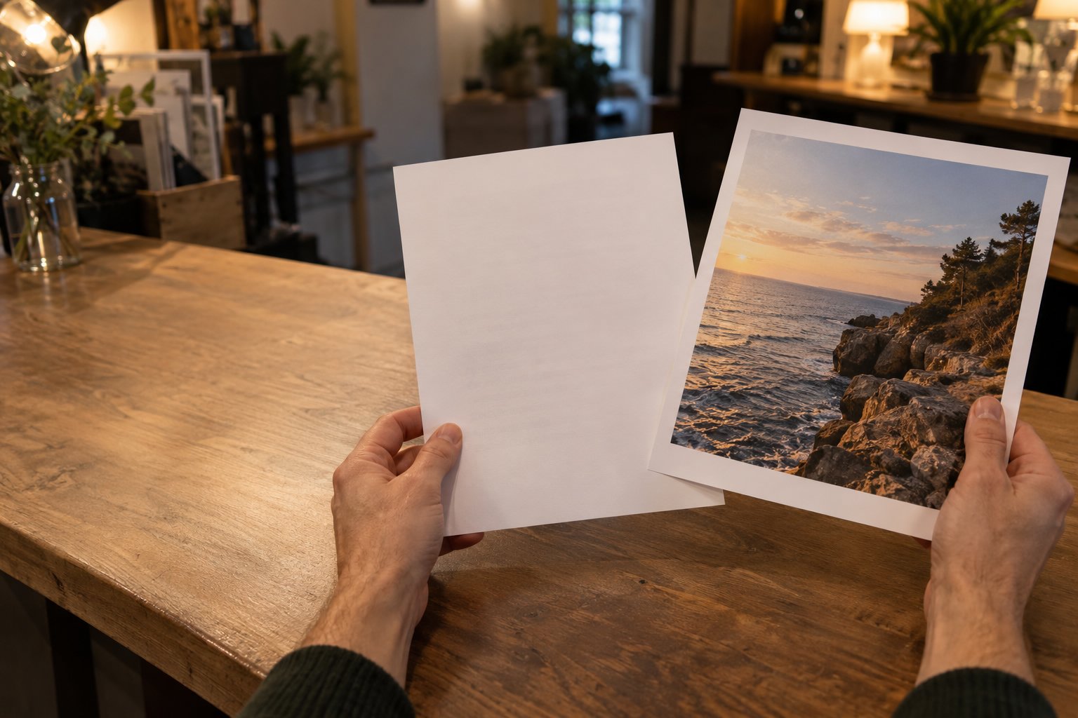 Une personne tient deux photos imprimées, l’une blanche et l’autre avec une image de paysage au bord de mer.