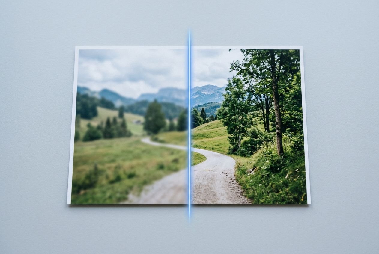 Photo montrant une distance de netteté: côté droit net d'un chemin de campagne entouré d'arbres, côté gauche flou. Améliorer qualité image en ligne grâce à l'IA.