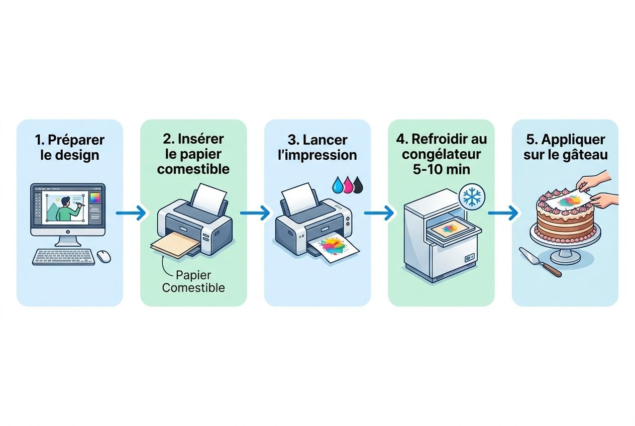 Processus d’utilisation du papier comestible imprimable pour décorer un gâteau, étape par étape.