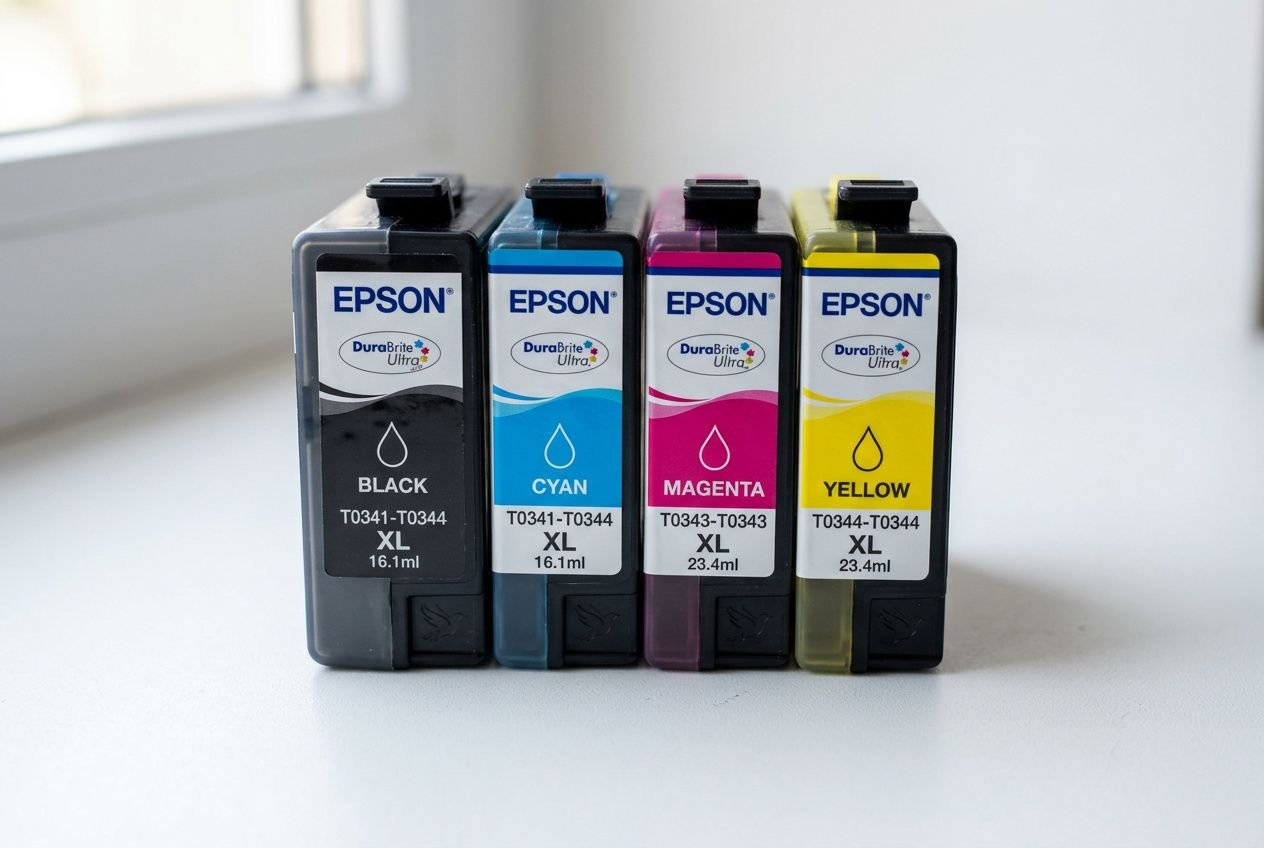 Quatre cartouches d’encre Epson de couleur noire, cyan, magenta et jaune alignées, label DuraBrite Ultra et code T0344-T0344 XL, 16.1–23.4 ml chacun. durabilité et durée de vie cartouche encre epson.