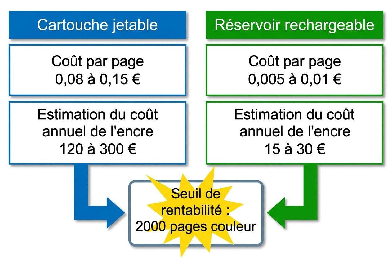 Tableau comparatif illustrant coût par page et estimation du coût annuel pour cartouche jetable et réservoir rechargeable, avec seuil de rentabilité à 2000 pages couleur. imprimante sans encre choisir, guide comparatif.